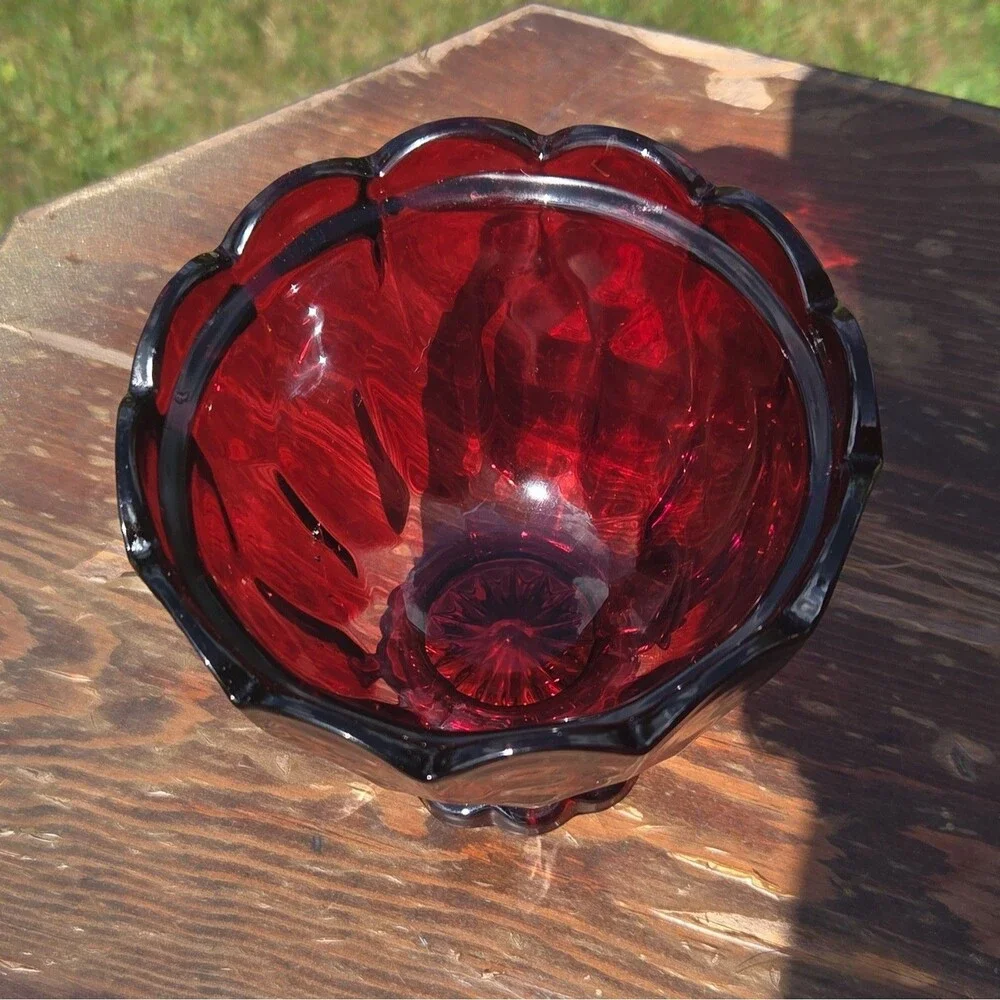 Vintage Red Glass Covered Bowl w/ Lid | Decorative Two-Piece Set
